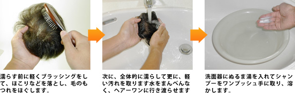 濡らす前に軽くブラッシングをして、ほこりなどを落とし、毛のもつれをほぐします。次に、全体的に濡らして更に、軽い汚れを取ります水をまんべんなく、ワンズヘアーに行き渡らせます。洗面器にぬるま湯を入れてシャンプーをワンプッシュ手に取り、溶かします。 