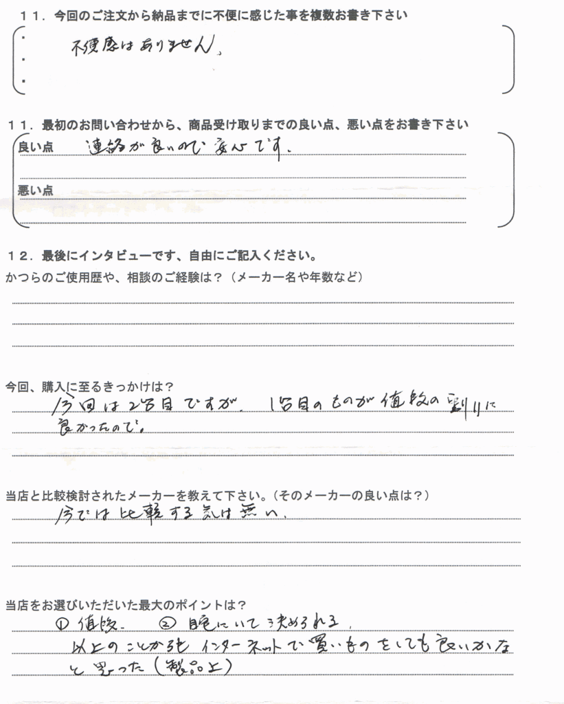 アンケート：香川県６０代（２台目ご注文）