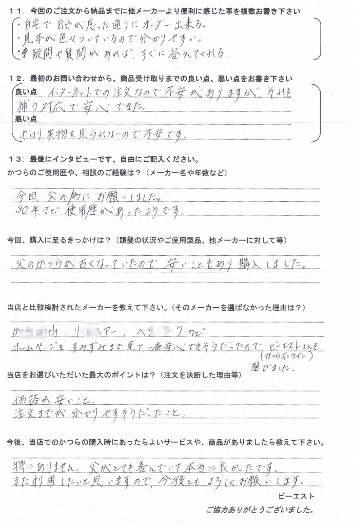 長崎県60代（かつら30年、娘さんからご注文）