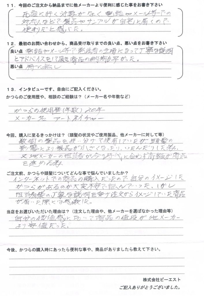 届いたかつらに感激！かつら定年まで（山梨県60代）