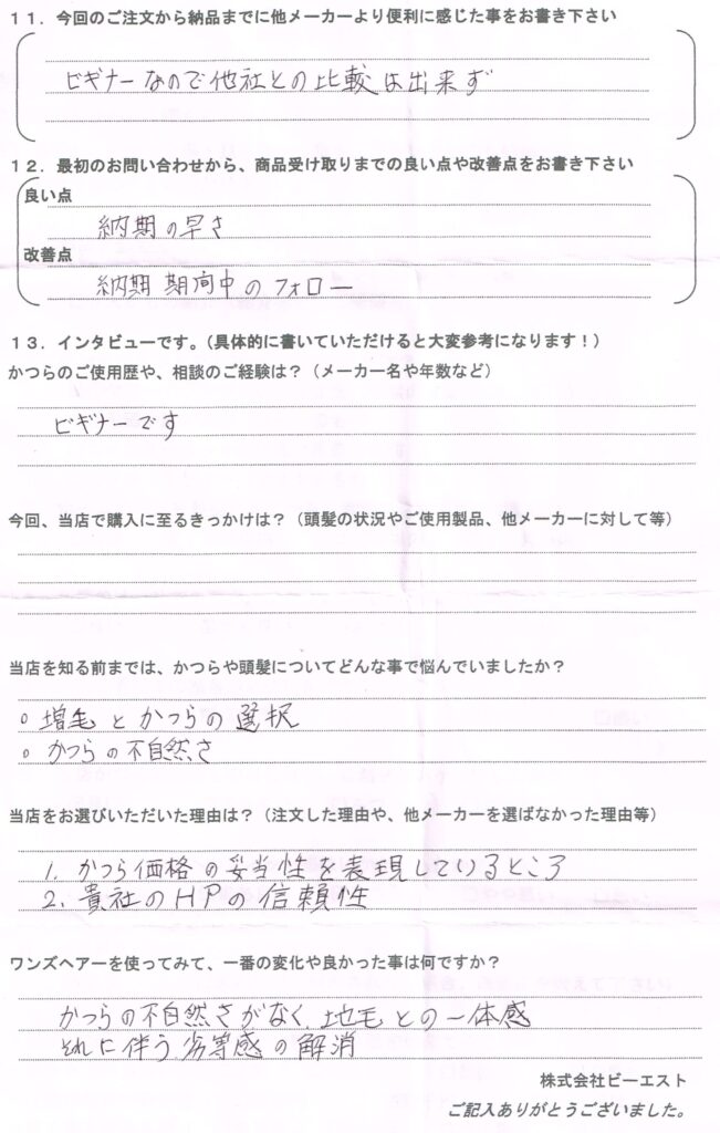 初めてのかつら、薄毛は20年以上（千葉県）